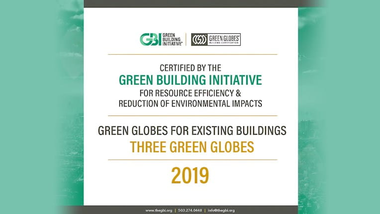 Green Building Initiative | Certified by the Green Building Initiative for Resource Efficiency & Reduction of Environmental Impacts | Green Globes for Existing Buildings Three Green Globes 2019