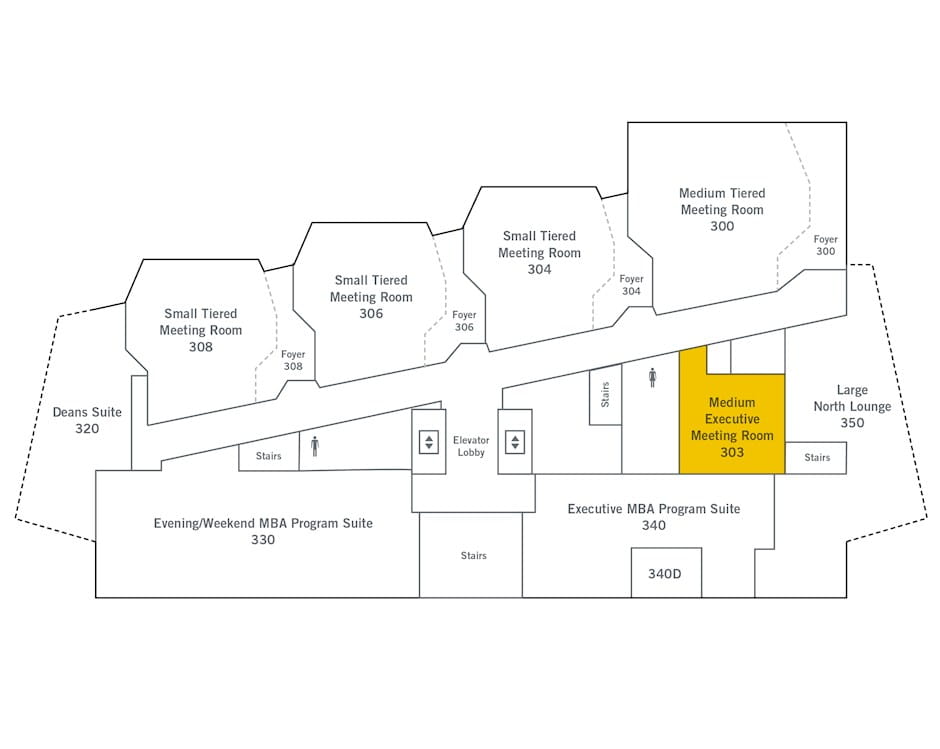 3rd floor of The Gleacher Center map, room 303 highlighted