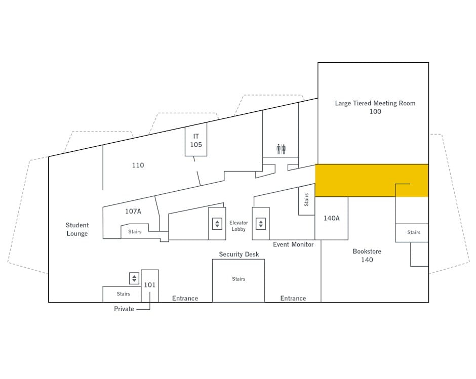 1st floor of The Gleacher Center map, room 100PF highlighted