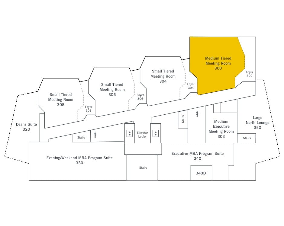 3rd floor of The Gleacher Center map, room 300 highlighted