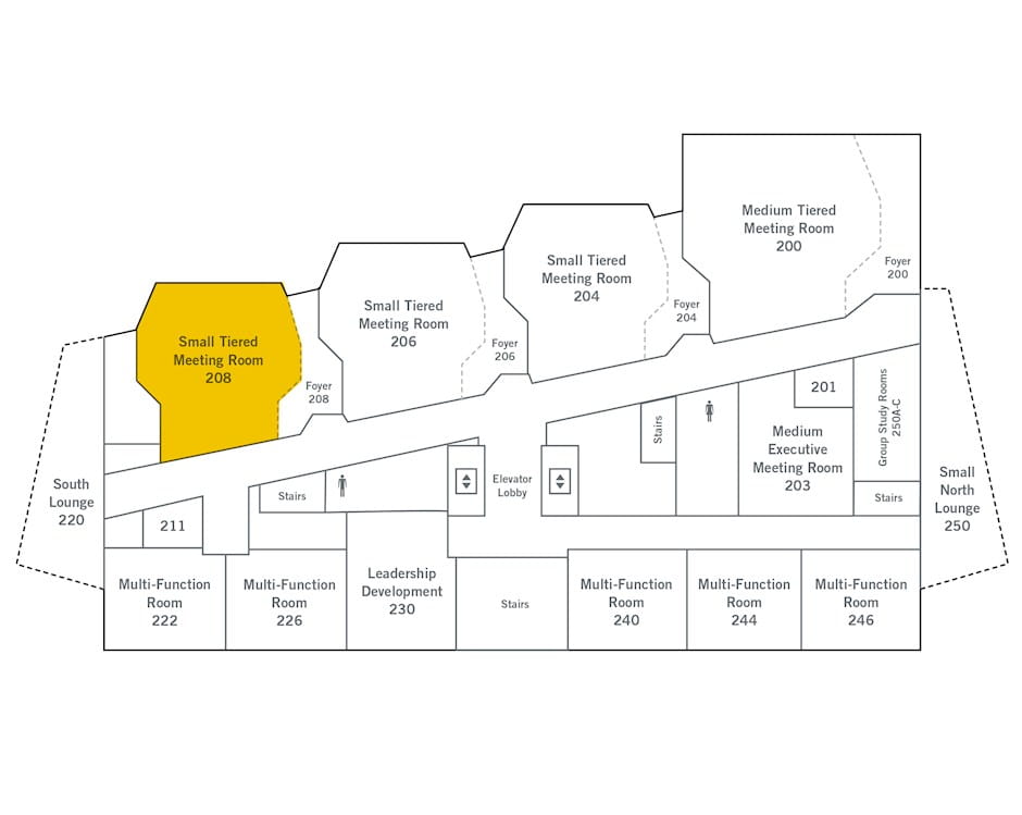 2nd floor of The Gleacher Center map, room 208 highlighted