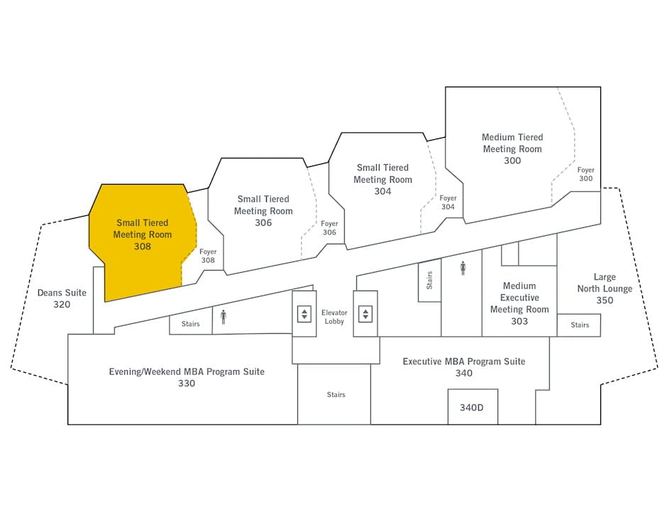 3rd floor of The Gleacher Center map, room 308 highlighted